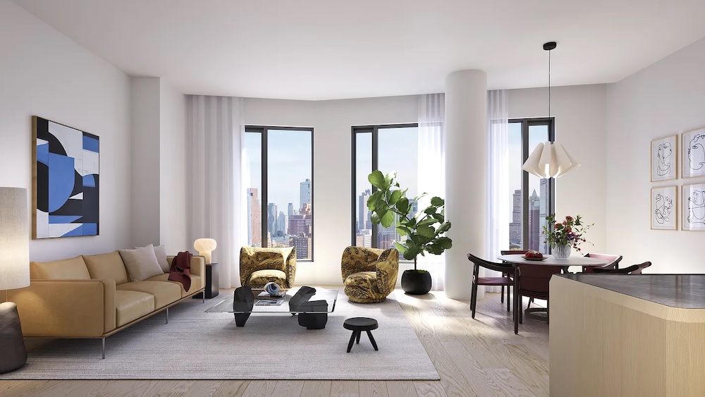 The chic living room with city view—30 Front Street.