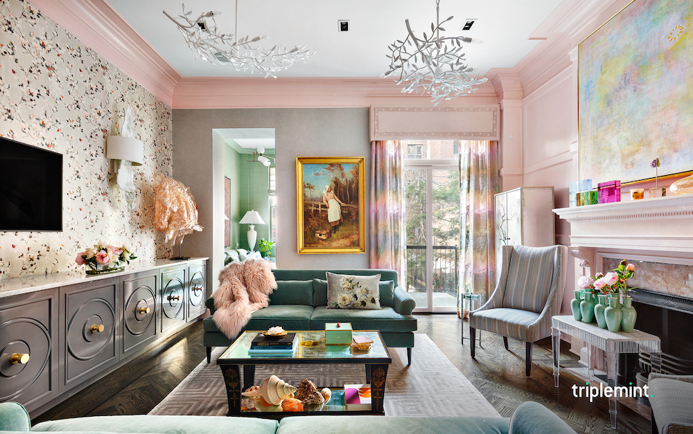 The signature pink living room of 251 West 76th Street.