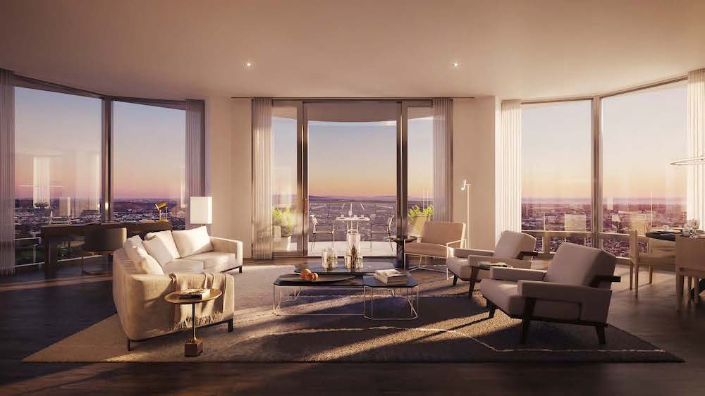 An elegant living room overlooking L.A. at H2: Park Elm at Century Plaza.